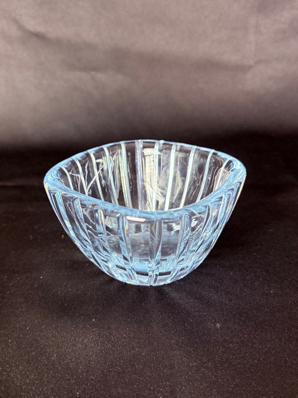 VTG Swedish Orrefors Sky Blue Oval Ribbed Crystal Cut Bowl Signed Made In Sweden